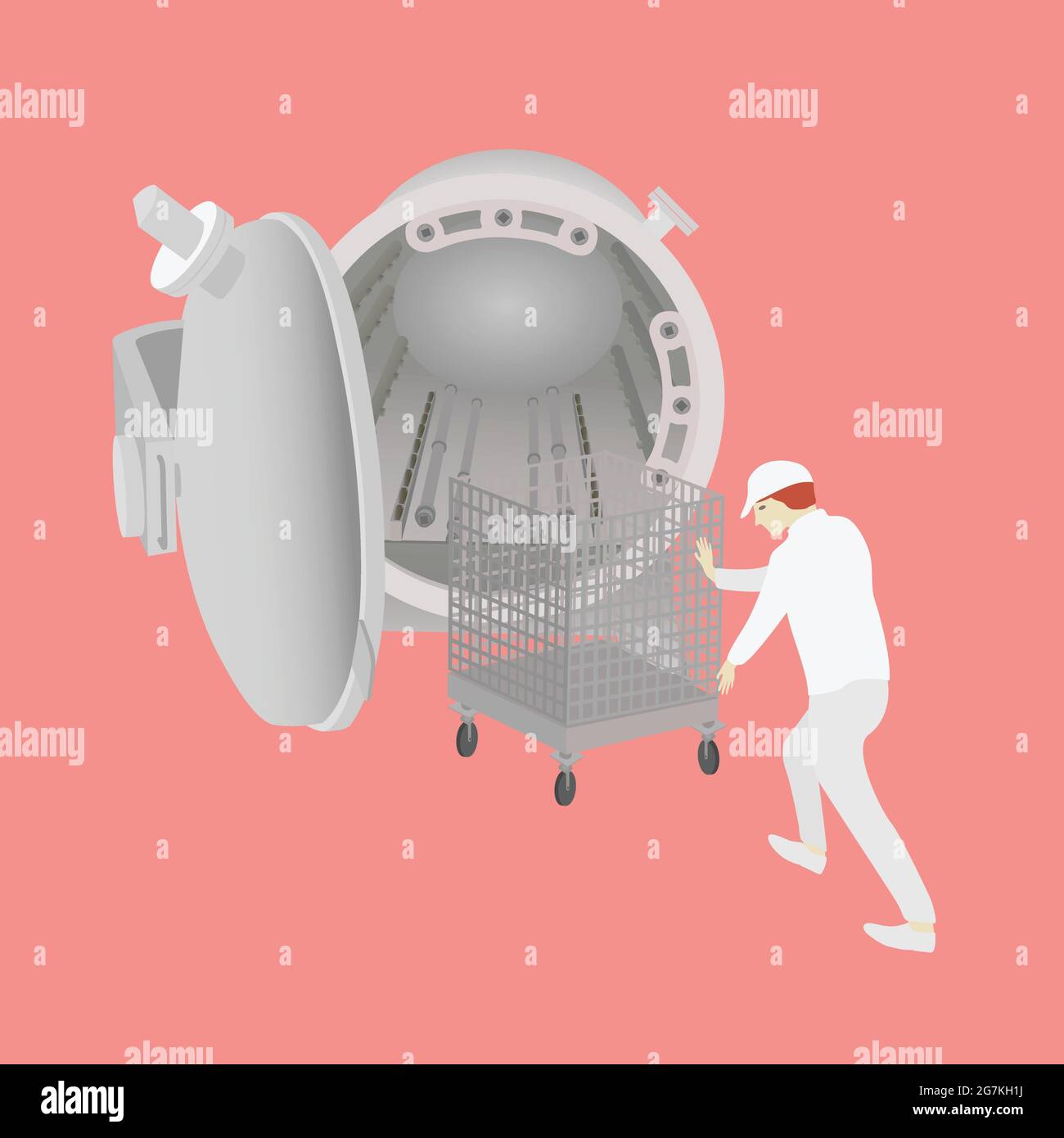 Food industrial worker pushing trolley to Autoclave Batch Retort