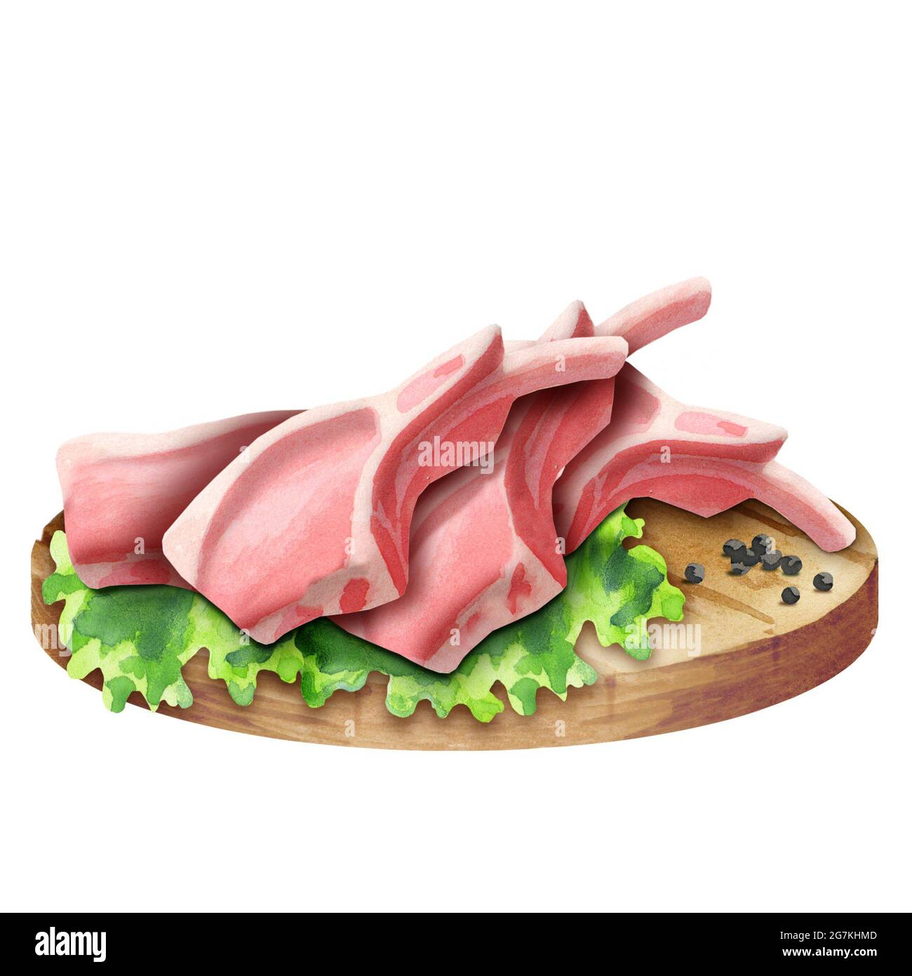 Fresh lamb meat mutton with herbs on a plate. Watercolor Stock Photo