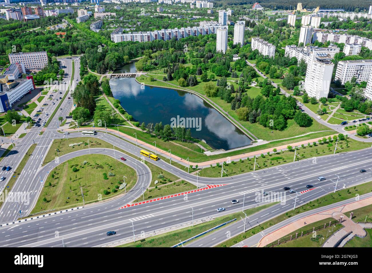 aerial view of cars traffic on city streets in a sunny summer day. Minsk, Belarus. Stock Photo