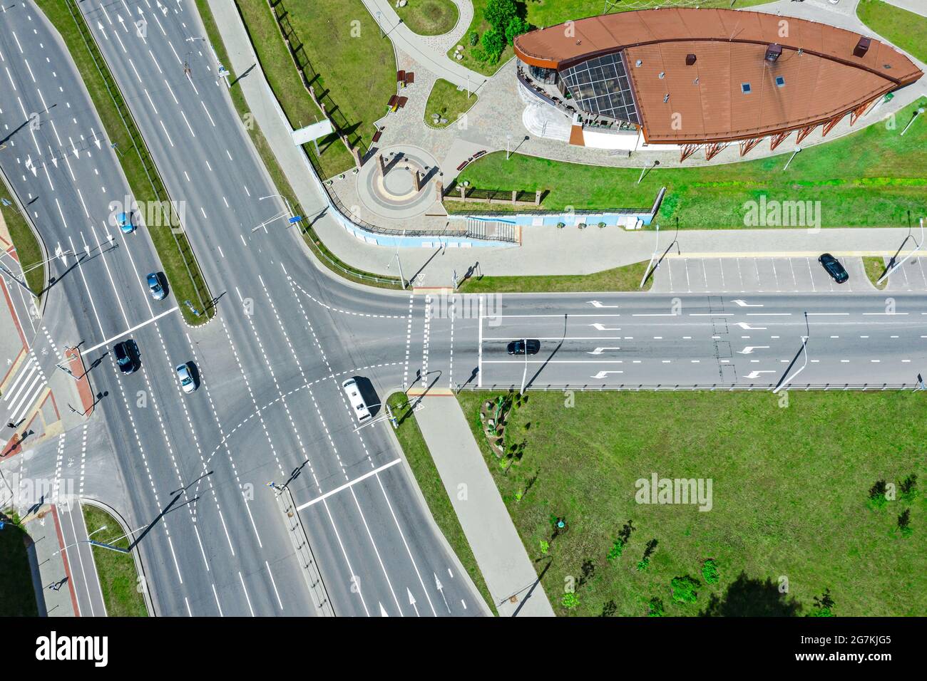 overhead view of urban road intersection in residential area Stock Photo