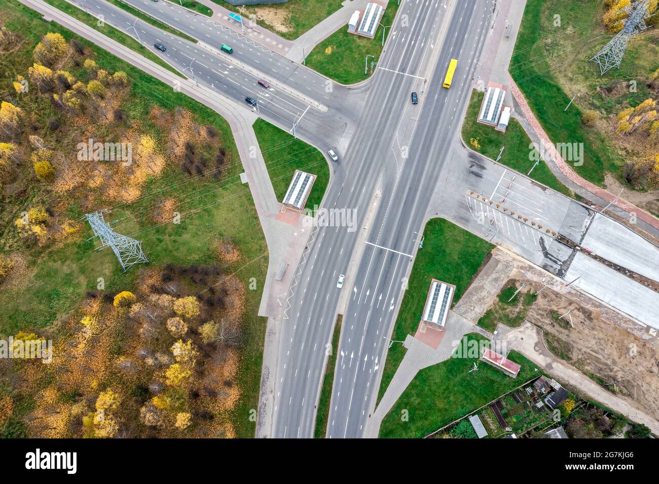 aerial view of a road intersection with cars traffic. drone point view Stock Photo