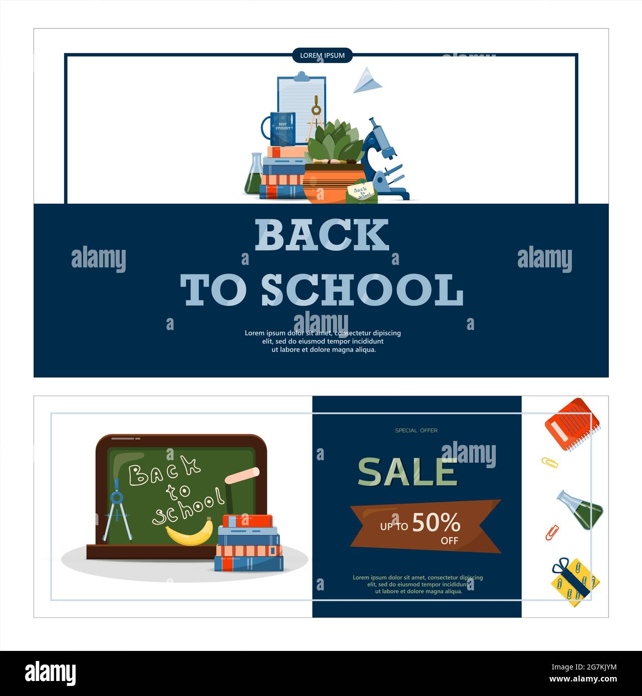 Back to school. Advertising banner, sale, online store, web. Stationery for school, university and office. Cartoon school supplies. Flat illustrations Stock Vector