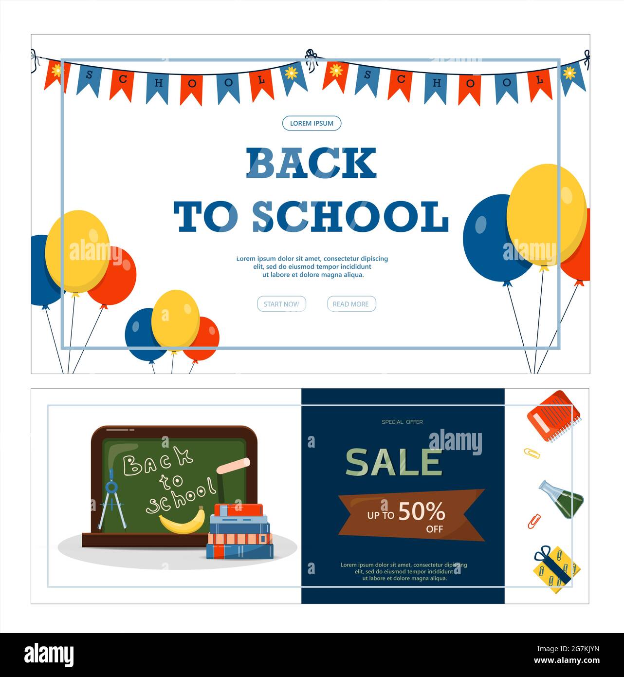 Back to school. Advertising banner, sale, online store, web. Stationery for school, university and office. Cartoon school supplies. Flat illustrations Stock Vector