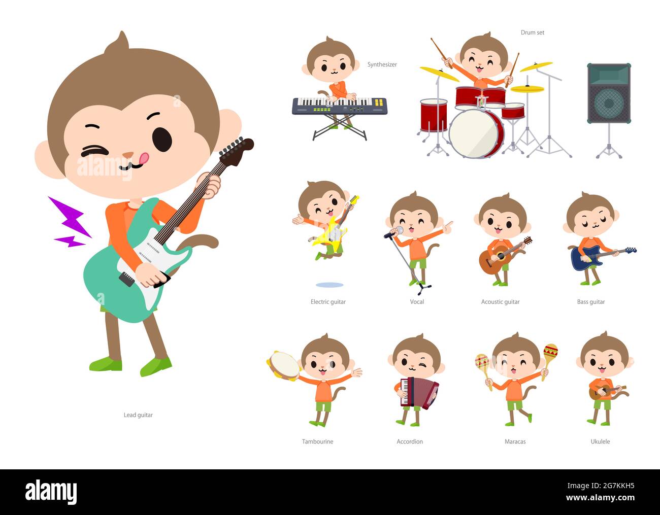 A set of monkey boy playing rock 'n' roll and pop music.It's vector art so it's easy to edit. Stock Vector