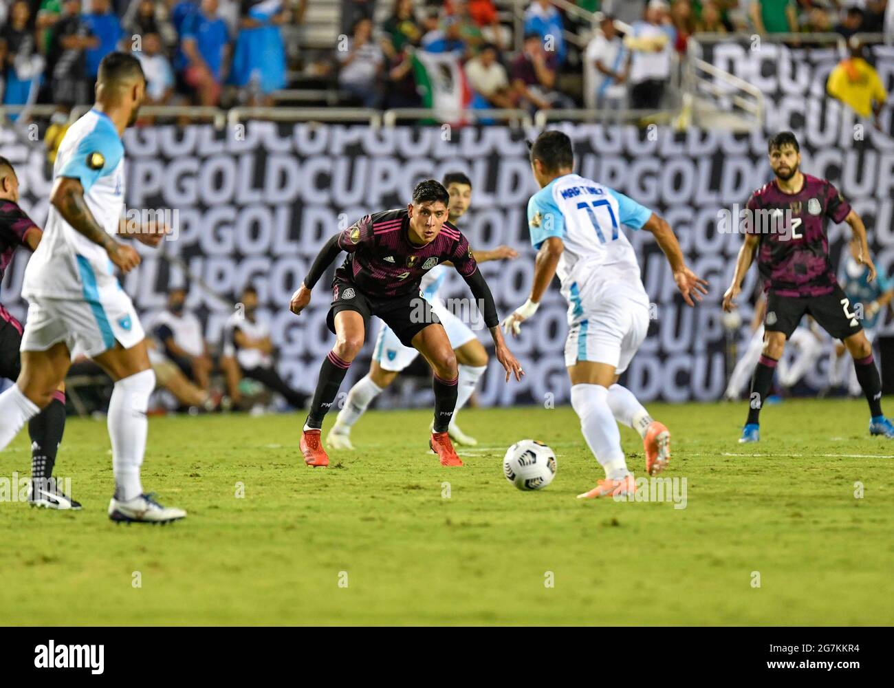Jul 14, 2021: Mexico defender Edson Alvarez (4) watches as Guatamala forward Luis Martinez (17) looks to pass during a CONCACAF Gold Cup game between Mexico and Guatemala at the Cotton Bowl Stadium in Dallas, TX Mexico defeated Guatemala 3-0Albert Pena/CSM Stock Photo