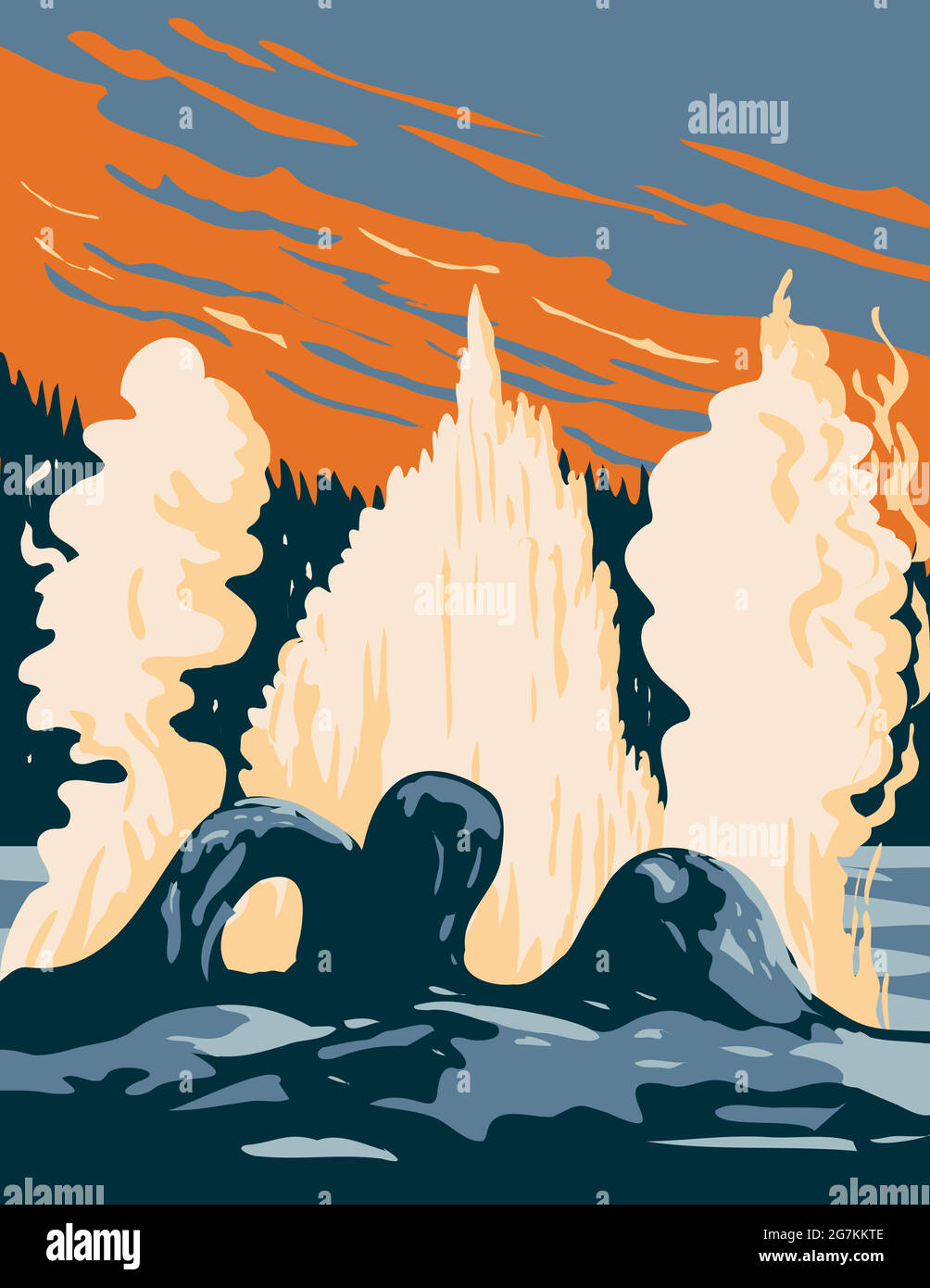 WPA poster art of Grotto Geyser, a fountain-type geyser located in the Upper Geyser Basin in Yellowstone National Park, Teton County, Wyoming USA done Stock Vector
