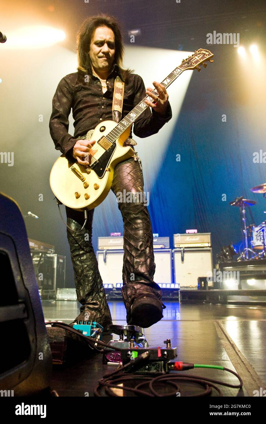 Guitarist Jeff LaBar of the hair metal band Cinderella playing live at The Venue at the Horseshoe Casino in Hammond, Indiana in the USA. July 2010. On July 15, 2021 it was announced that the legendary musician, known for his explosive and energetic stage presence, passed away from unknown causes. Stock Photo