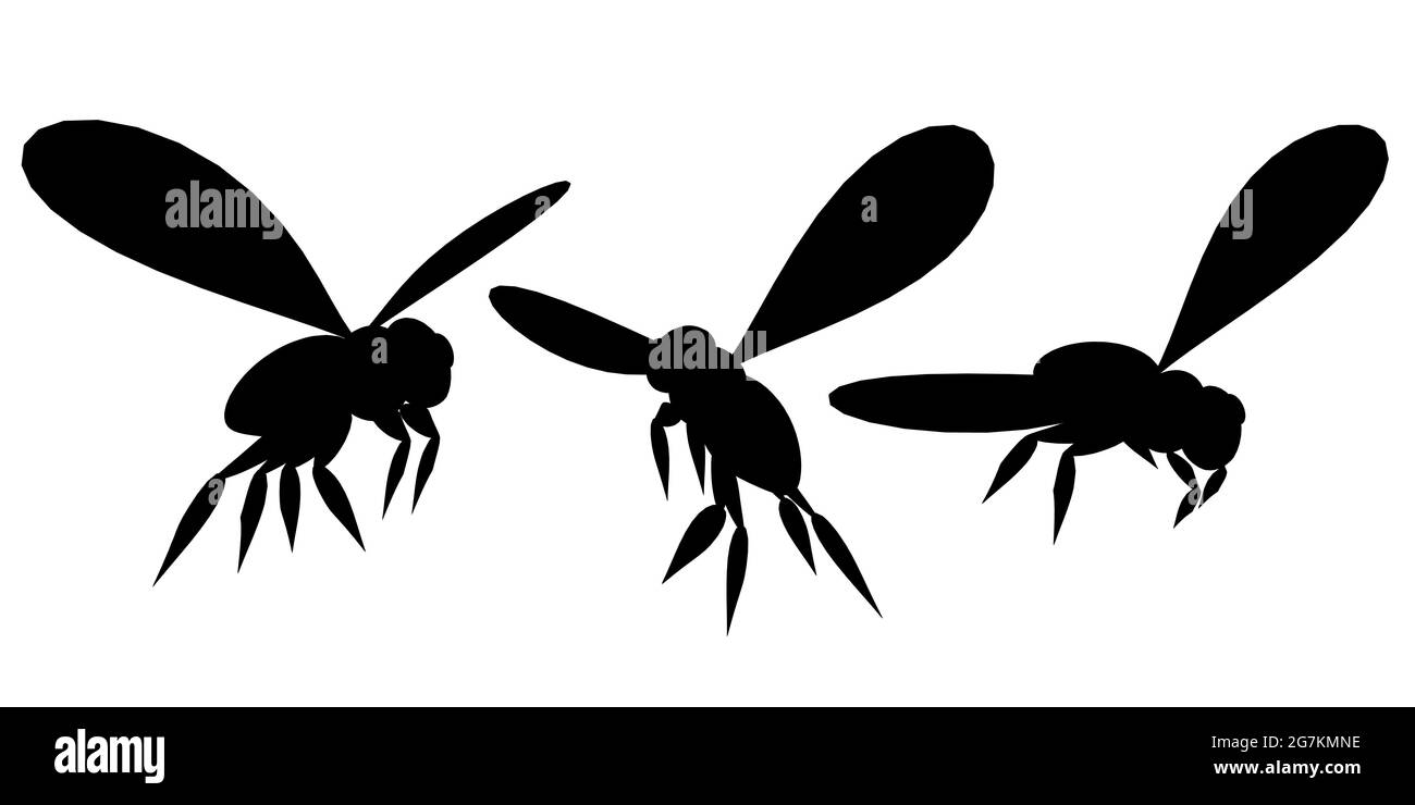 Set with silhouettes of bees in different positions isolated on white background. Vector illustration. Stock Vector