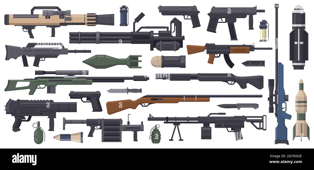 Military weapon. Army weapons, rocket, grenade launcher, machine gun and bazooka isolated vector illustration set. Automatic weapon collection Stock Vector