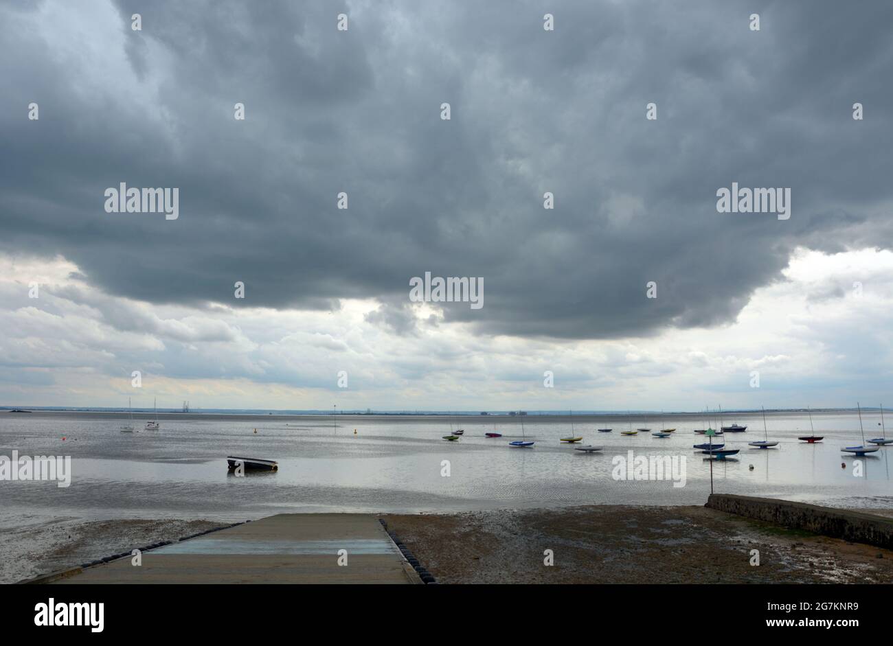 Stormy weather over the Thames river at Thorpe Bay in Essex, Uk Stock