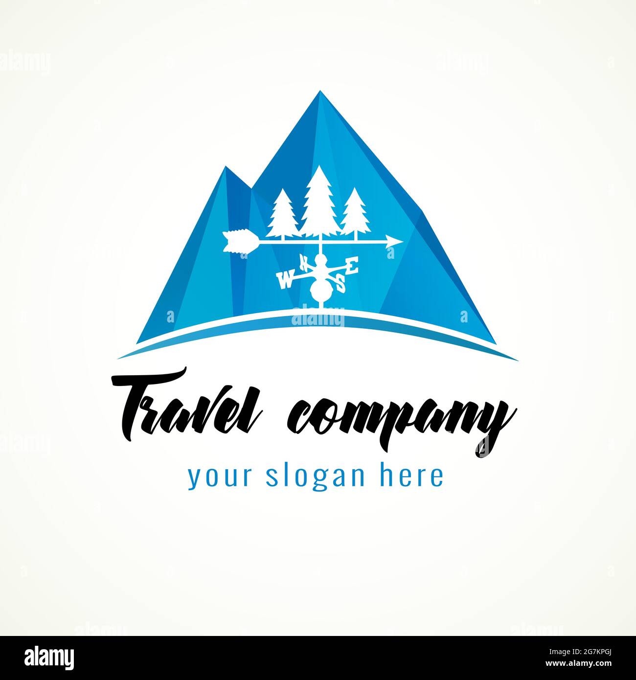 Adventure logo concept with vane silhouette and mountains for camping or travel. Vintage of wilderness and nature exploration, stained glass style. Is Stock Vector
