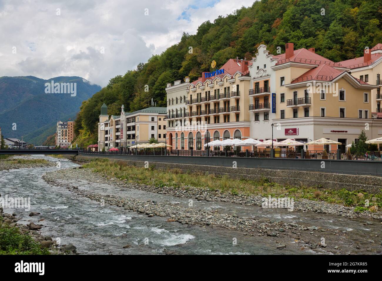 Hotels near river and mountains, Roza Hutor, Sochi, Krasnodar krai, Russia Stock Photo