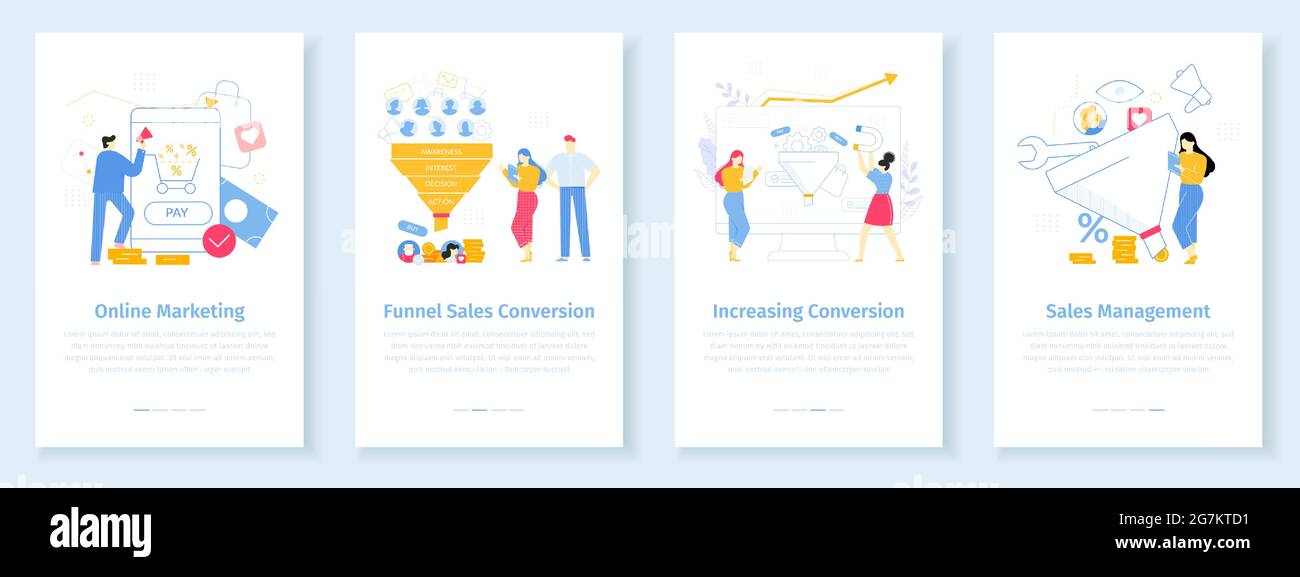 Online marketing conversion rate concept. Worker attracting internet clients with discounts. Funnel sales strategy for new customers. Developing Stock Vector
