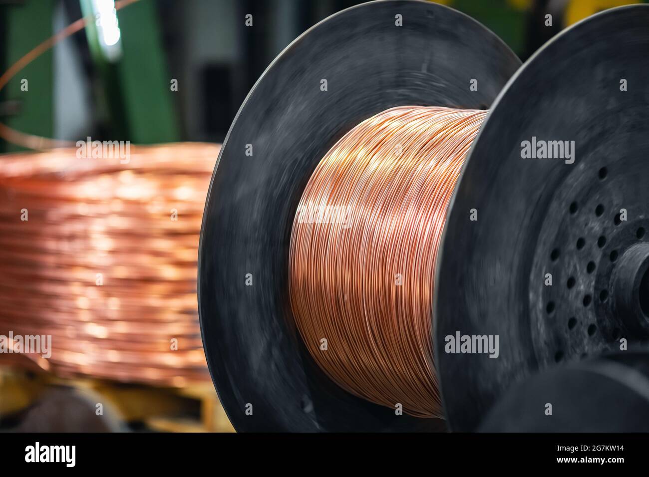 Copper wire cable production in coils, metal steel industrial plant