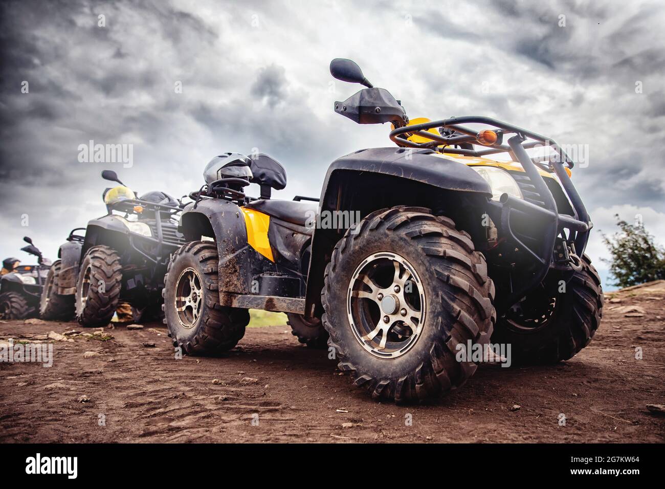 ATV quad bike on forest offroad front view. Concept motocross