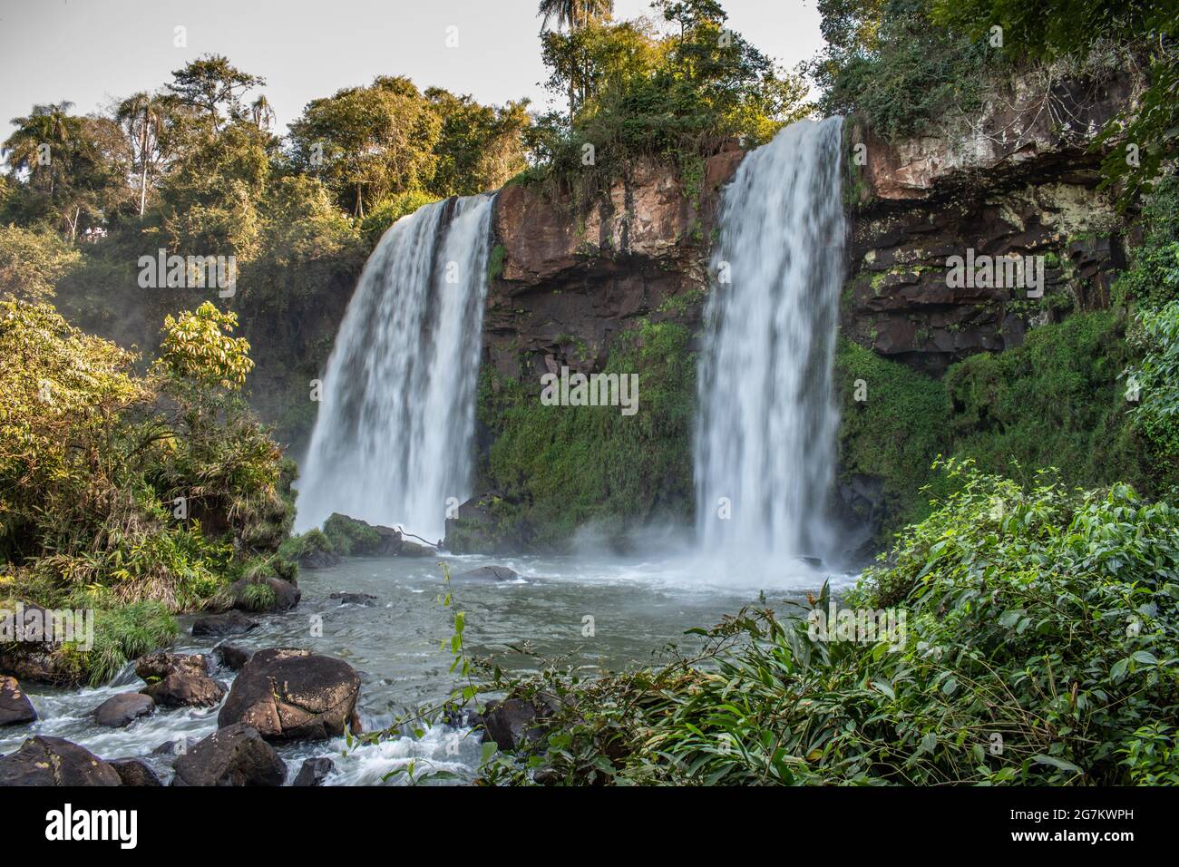 Twin cascades in the Parque Nacional Iguacu, on the Argentinian side of Iguazu Falls Stock Photo