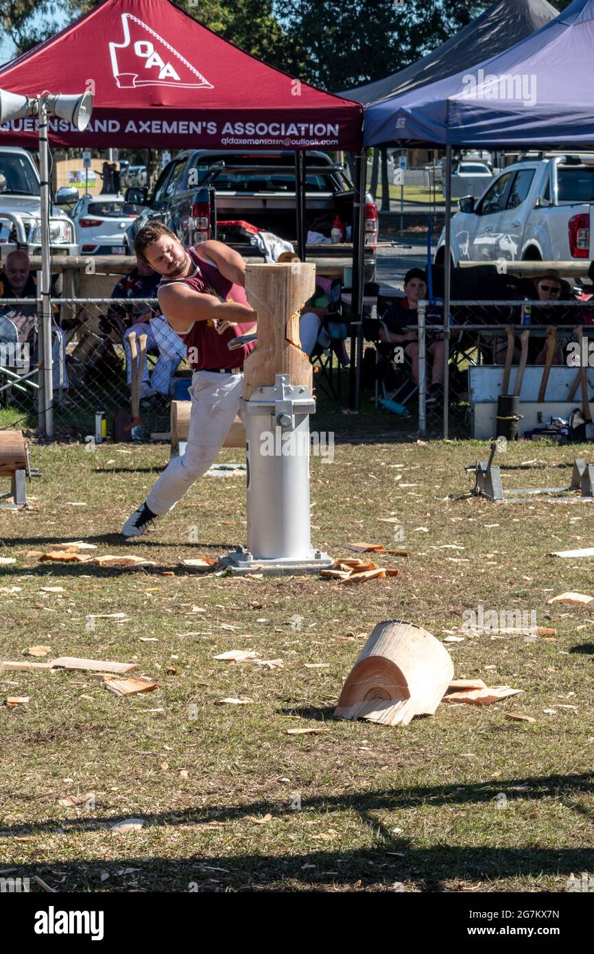 Woodchopping competition at the 2021 Redcliffe Show in Queensland, Australia Stock Photo