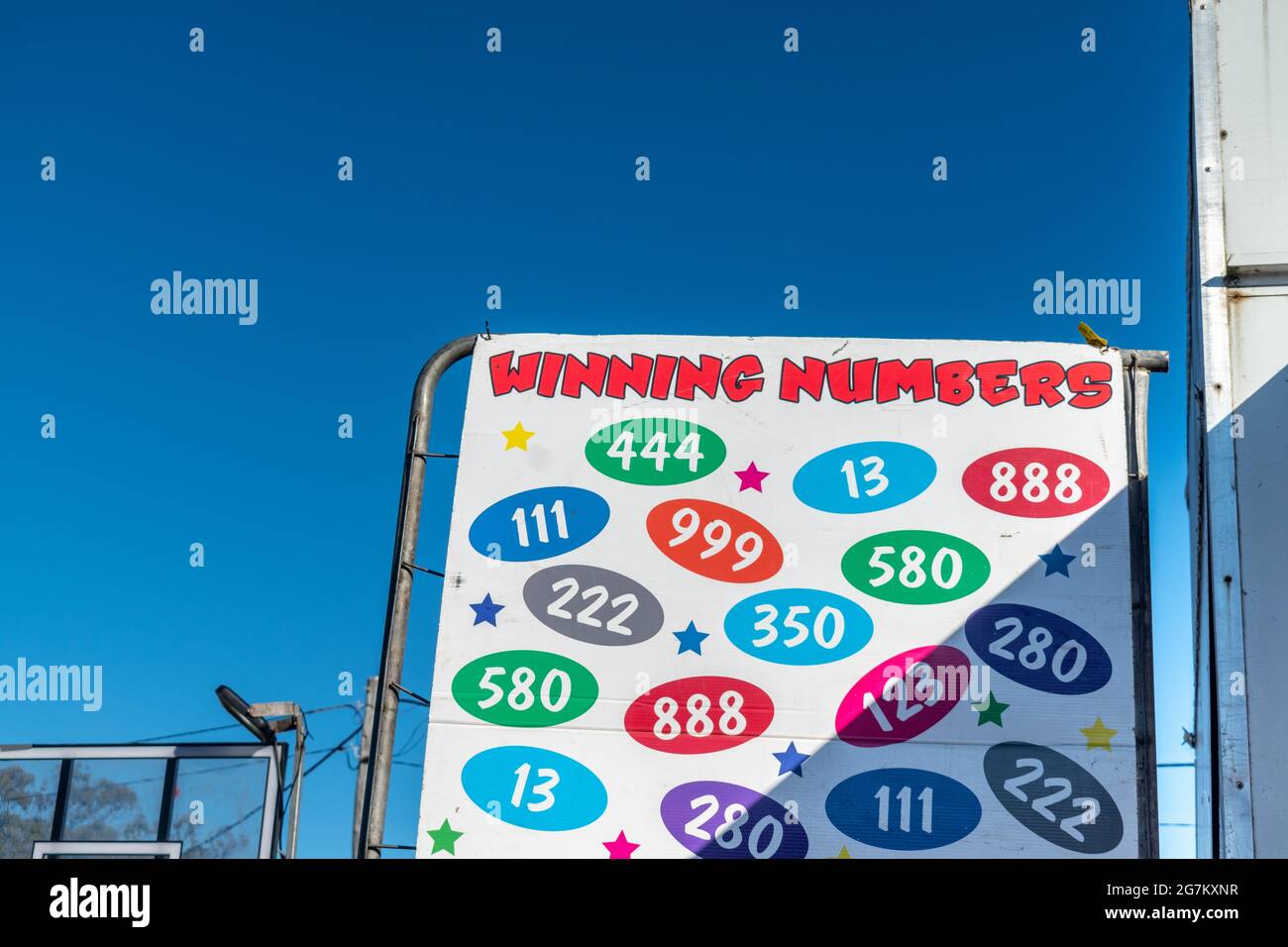 Sign showing winning numbers for a carnival game at the 2021 Redcliffe Show in Queensland, Australia Stock Photo