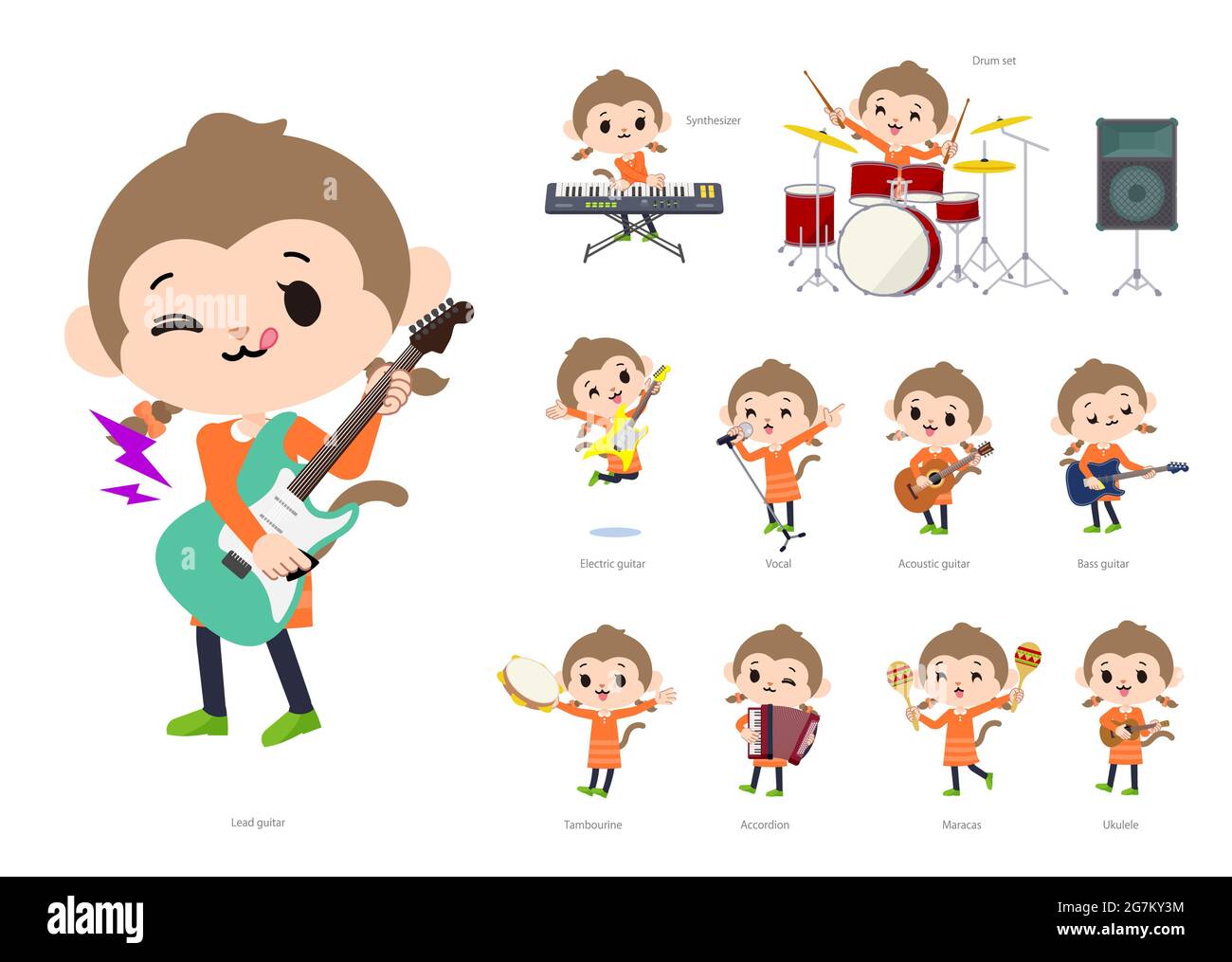 A set of monkey girl playing rock 'n' roll and pop music.It's vector art so it's easy to edit. Stock Vector