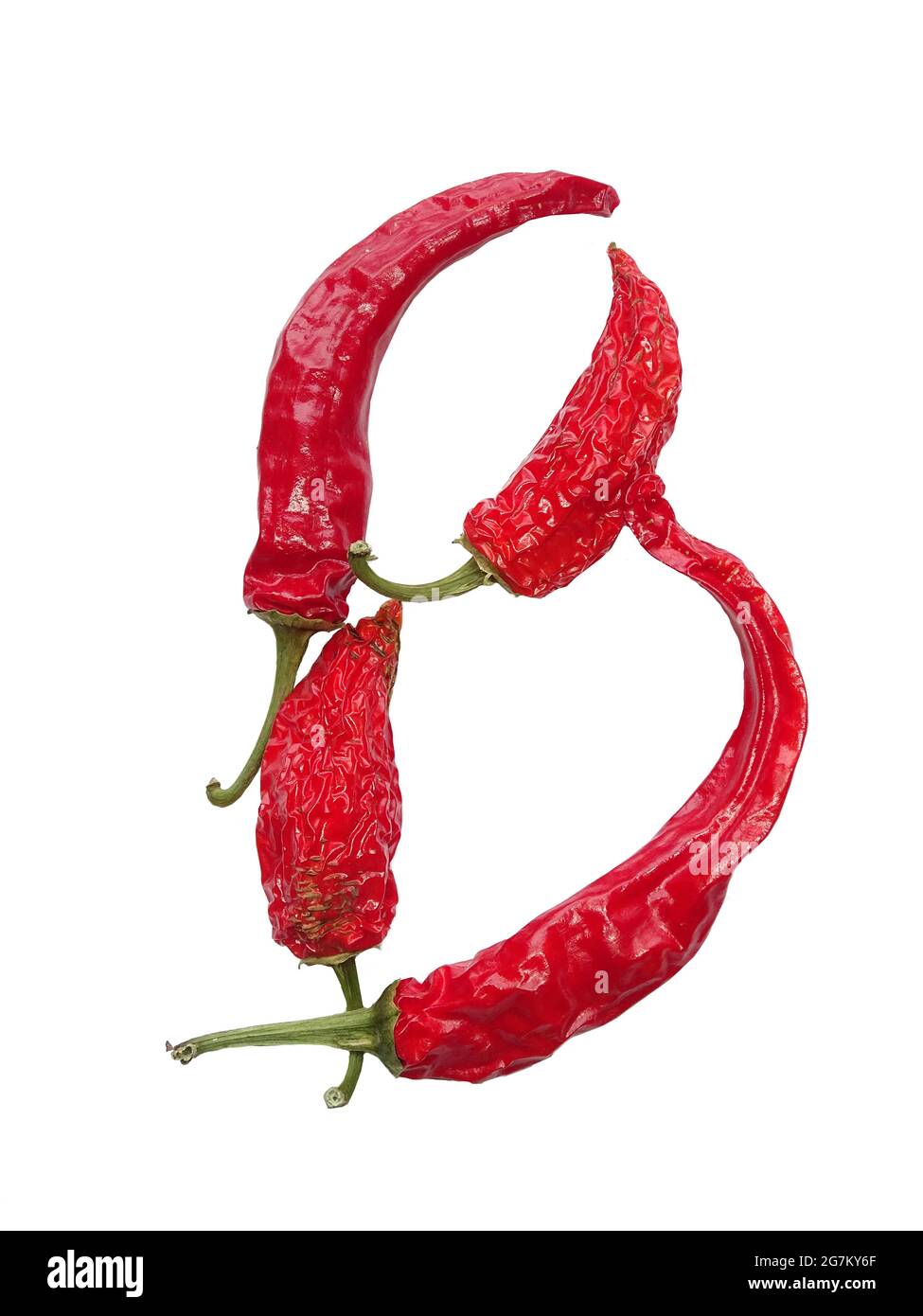 Letter B of the alphabet made with red pepper, isolated on a white background Stock Photo