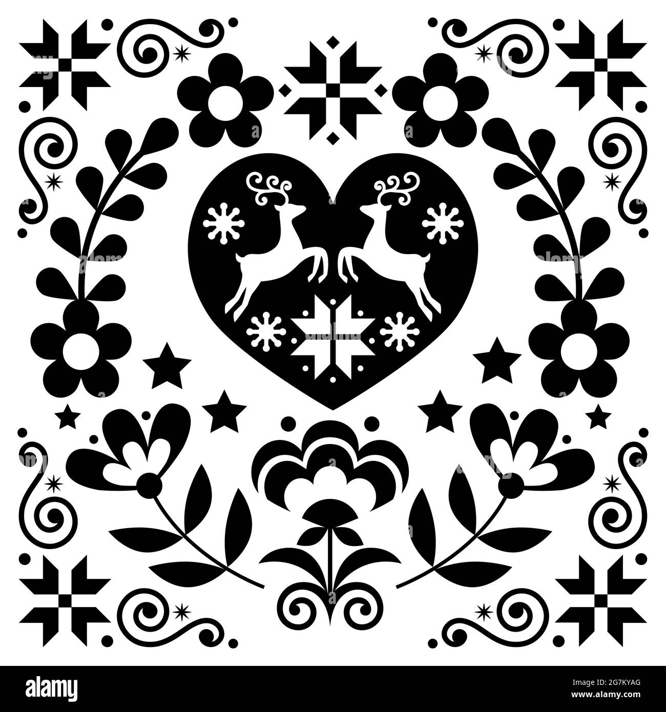 Christmas Scandinavian vector greeting card pattern in black and white - folk art style with reindeer, Xmas trees and flowers Stock Vector