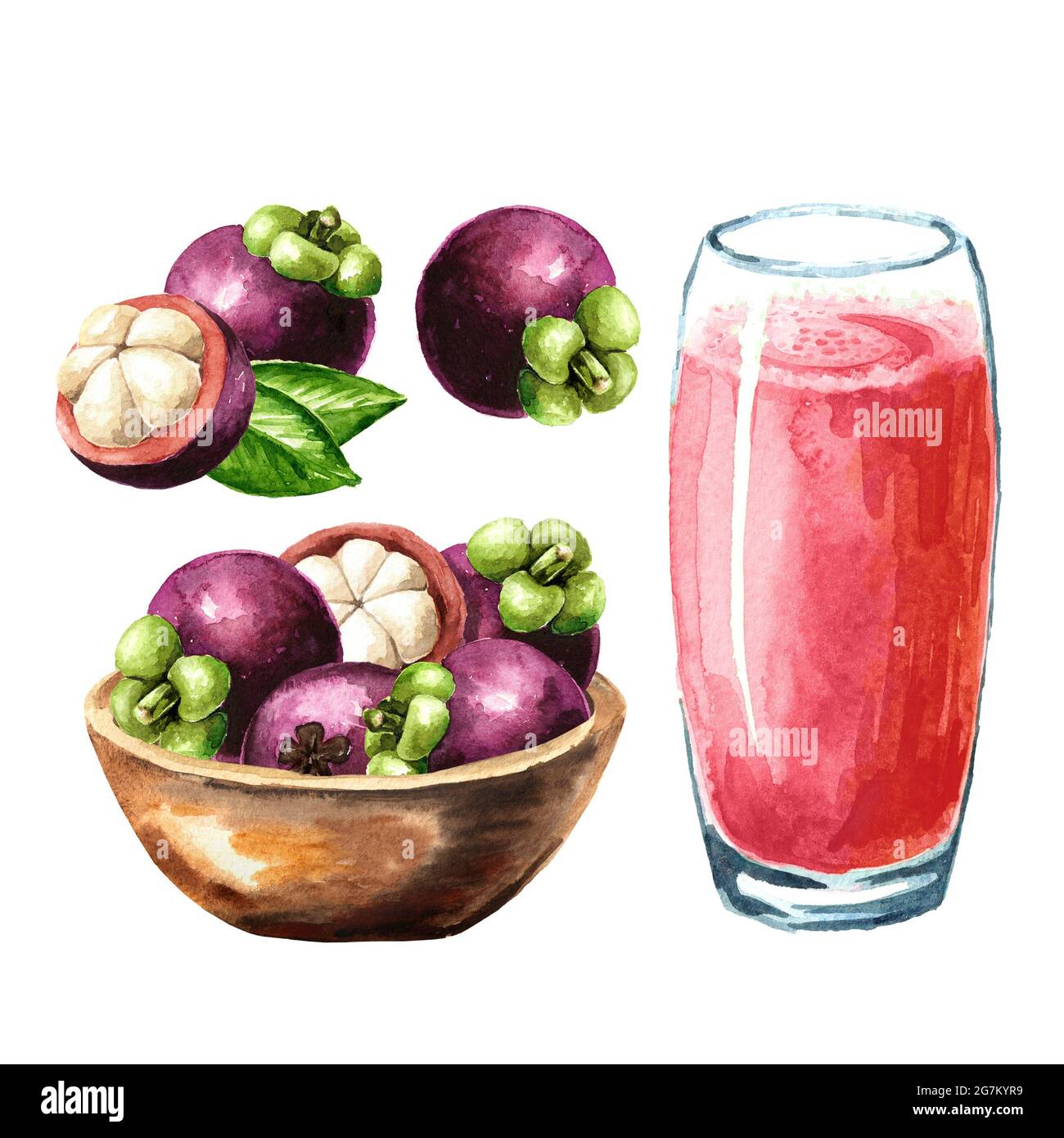 Bowl with fresh Mangosteen fruits and Glass of mangosteen juice set