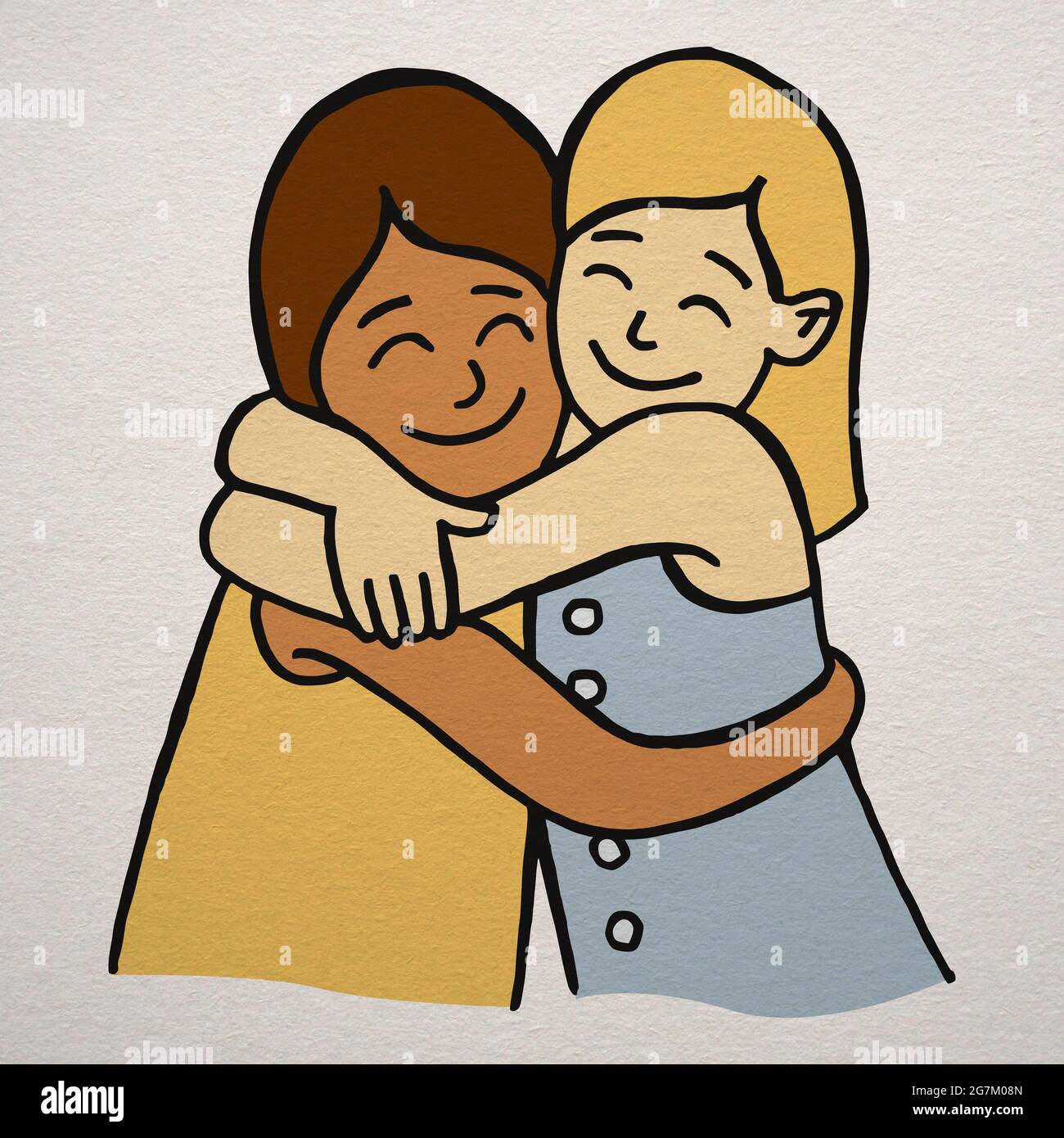 Cartoon style illustration of two young girls friends hugging and smiling -  Interracial best friends forever kids Stock Photo - Alamy