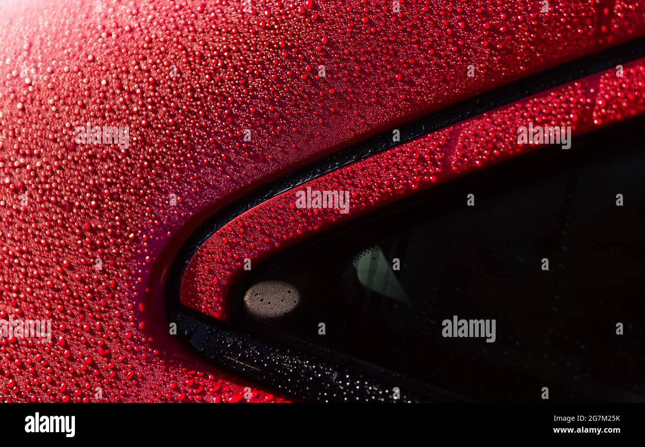 Water droplet on the car. Water beading after rain or car wash on red shiny paint surface. Water