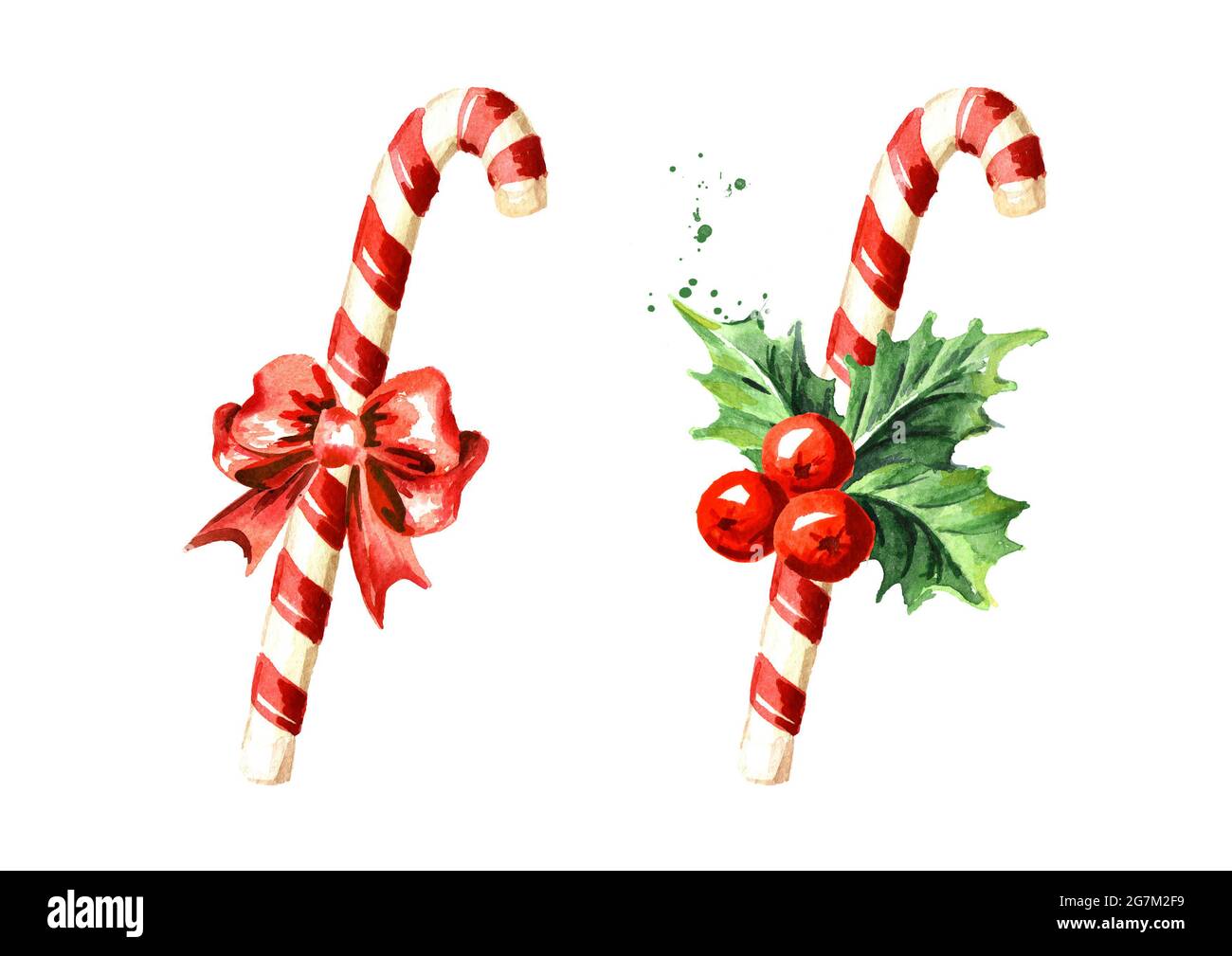 Christmas candy cane with bow and Holly berry set. Watercolor hand ...