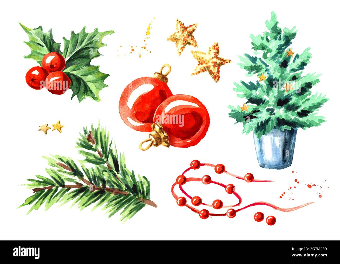 Christmas decor elements set. Watercolor hand drawn illustration