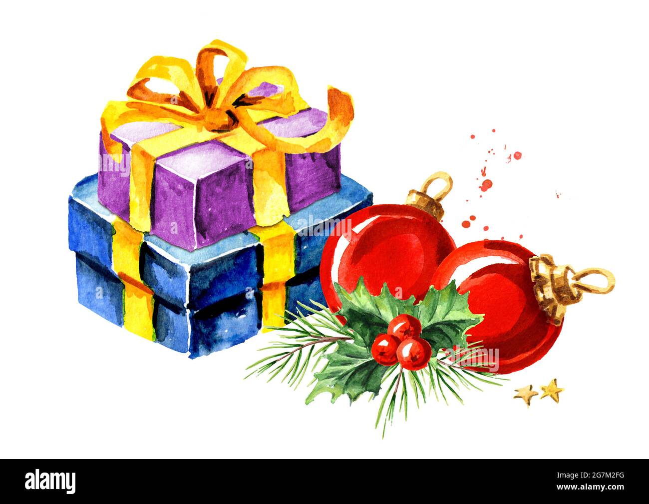 Christmas composition with gift box, fir branch and red ball ...