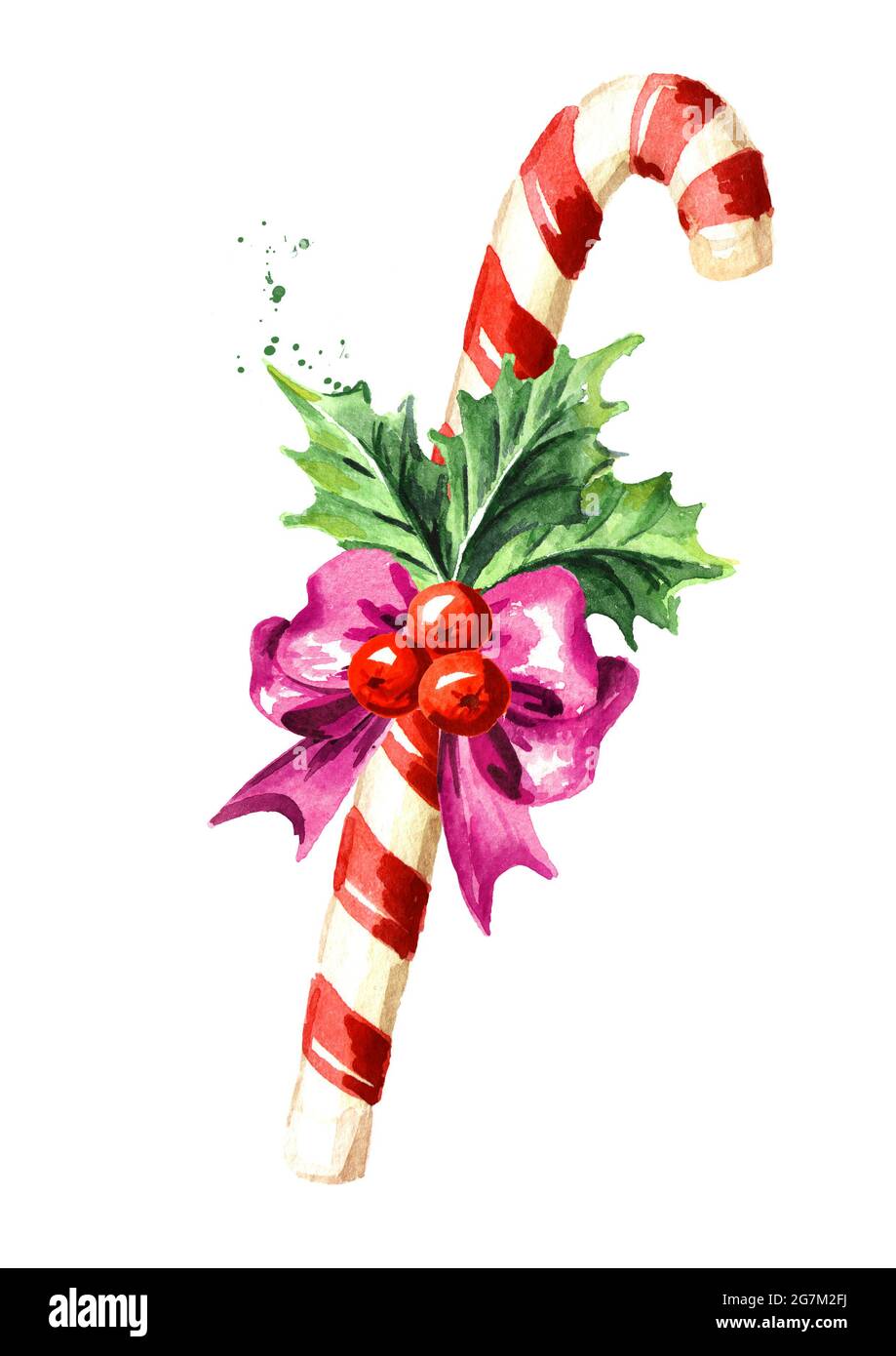 Christmas candy cane with bow and Holly berry. Watercolor hand drawn ...