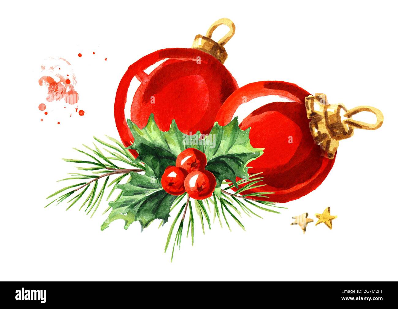 Christmas composition with fir branch and red ball. Watercolor hand ...