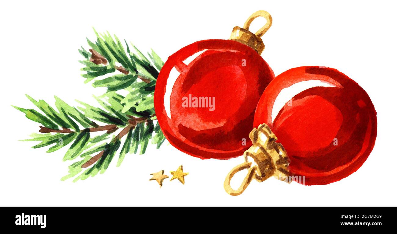 Christmas composition with fir branch and red ball. Watercolor hand ...
