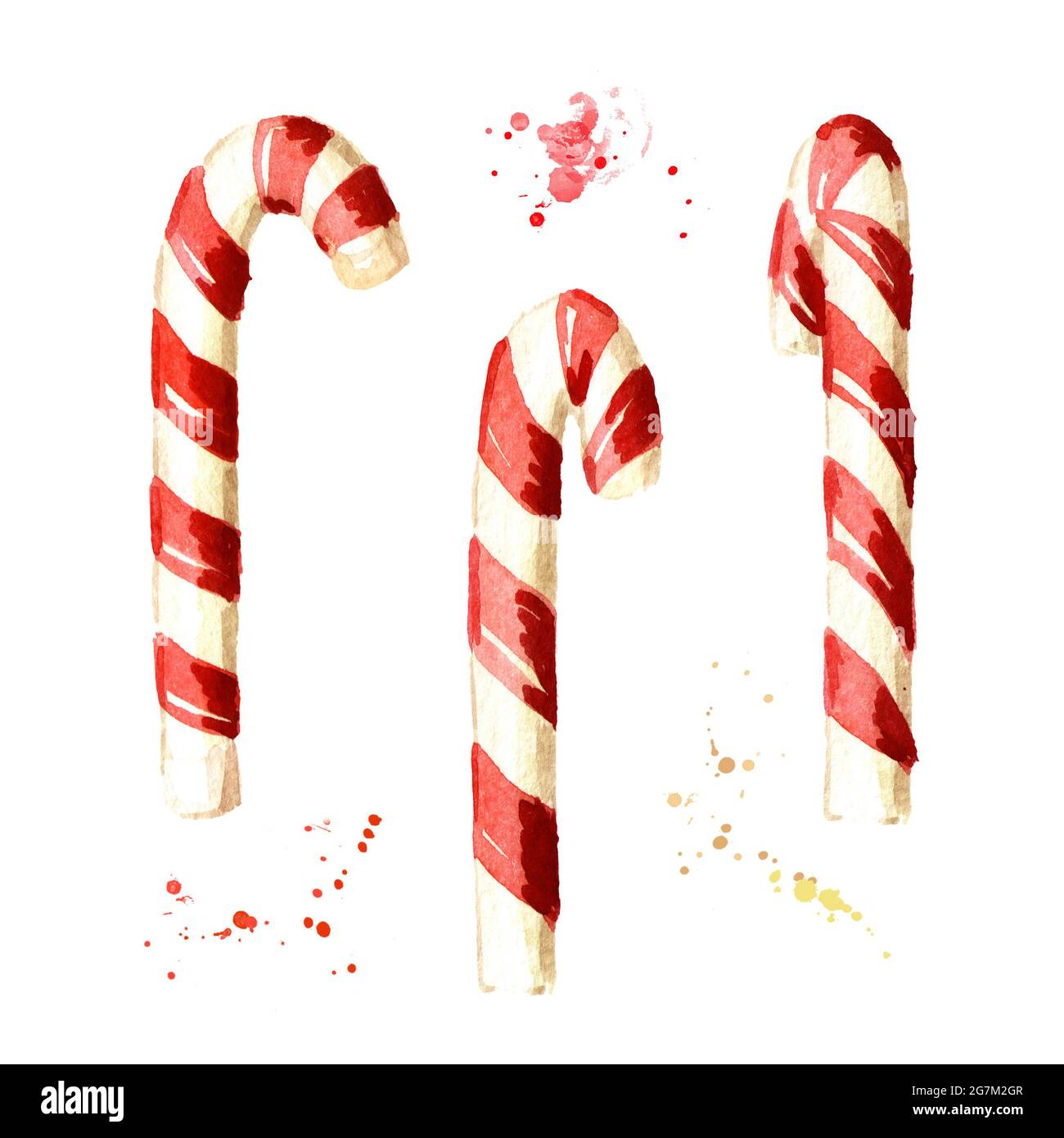 Christmas candy cane set. Watercolor hand drawn illustration, isolated ...