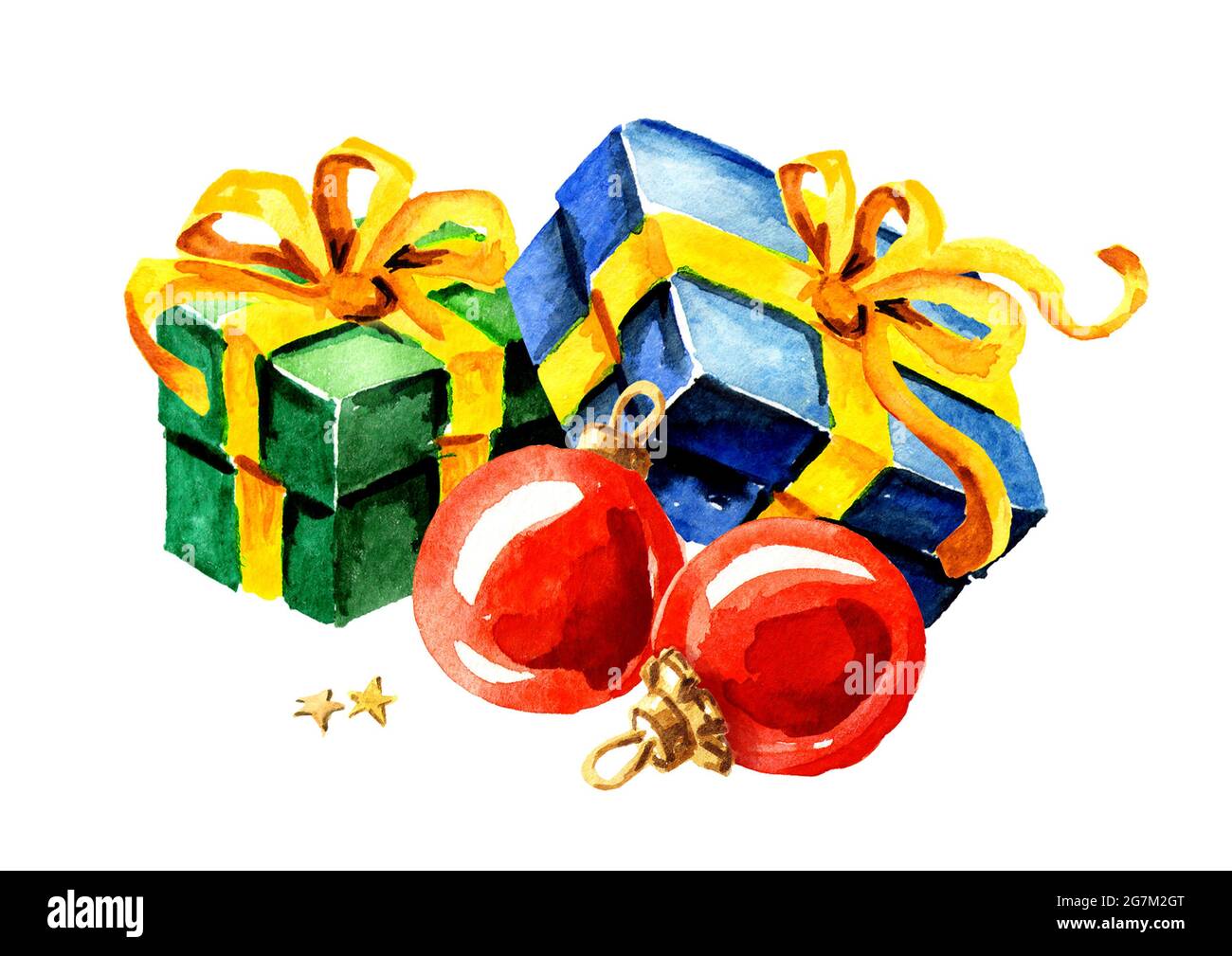 Christmas composition with gift box and red ball. Watercolor hand drawn ...