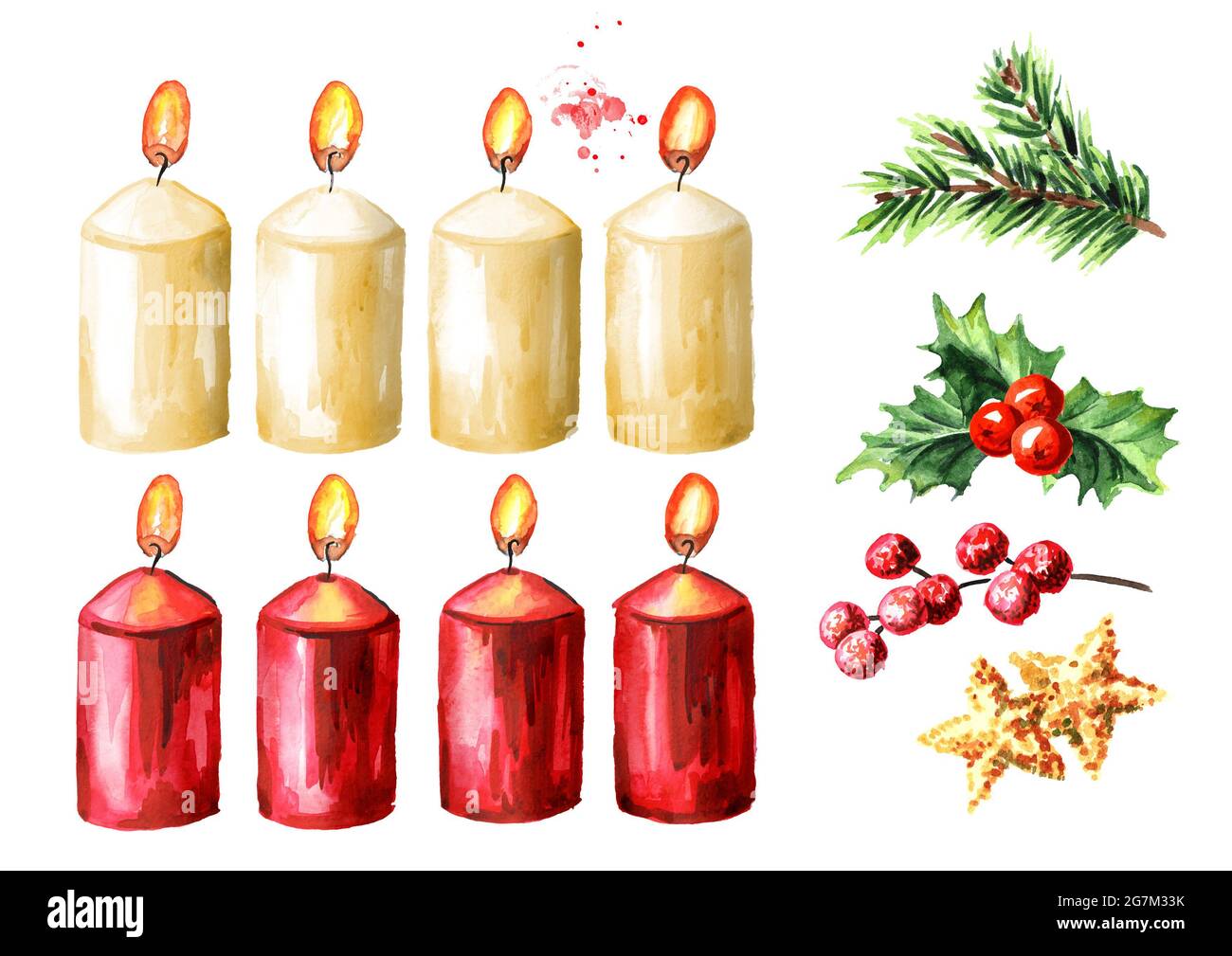 Advent or christmas candles with decor elements set, fourth Advent. Watercolor hand drawn illustration isolated on white background Stock Photo