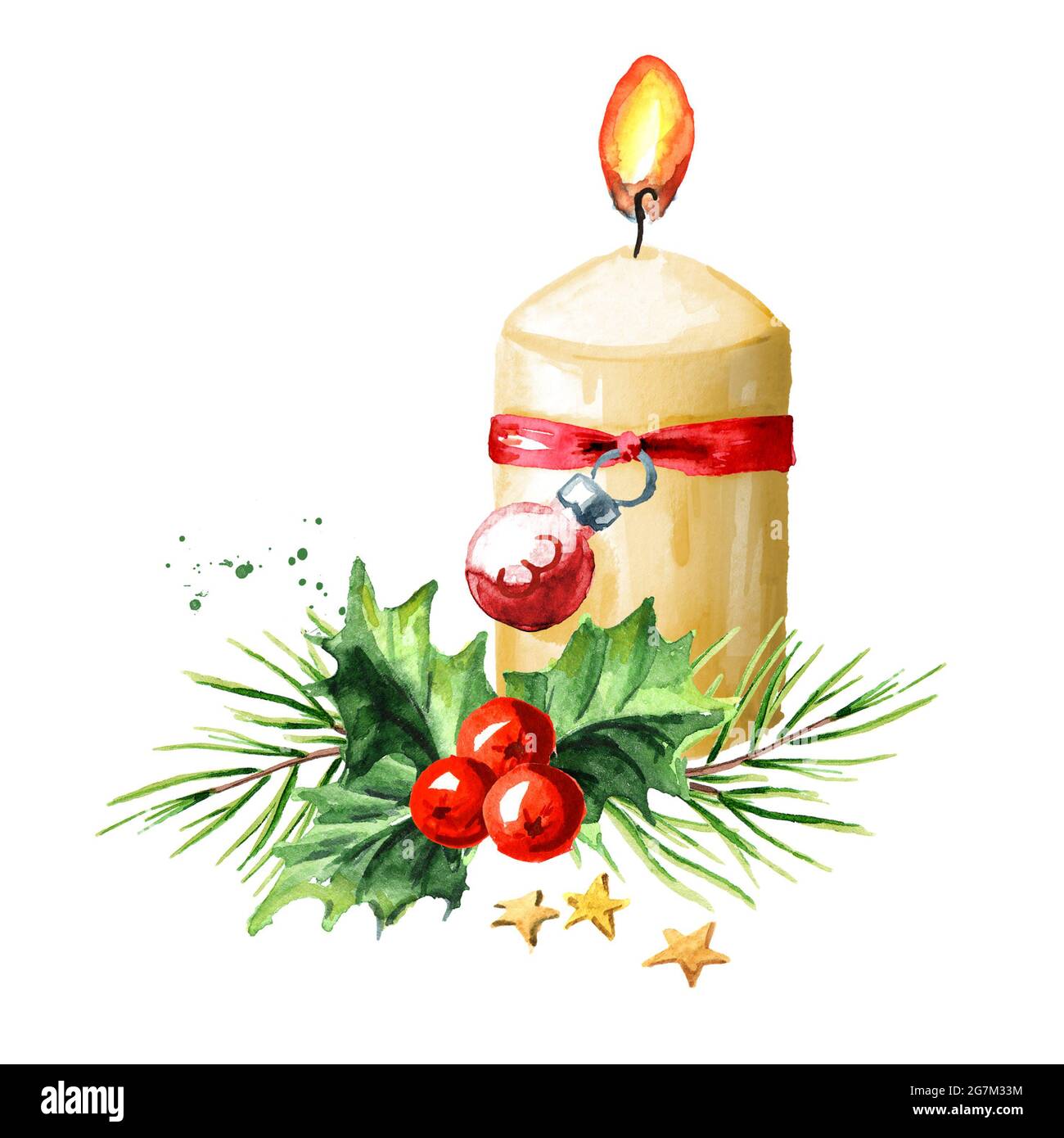 Third sunday of advent candle with decoration. Watercolor hand drawn