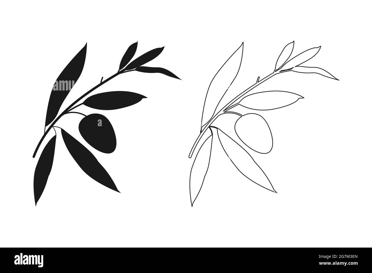 Olive branch icon set. Black flat design, outline leaves. Hand drawn natural illustration. Vector Stock Vector
