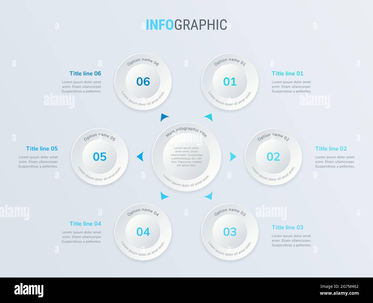 Abstract business circle infographic template with 6 steps. Blue diagram, timeline and schedule isolated on light background. Stock Vector