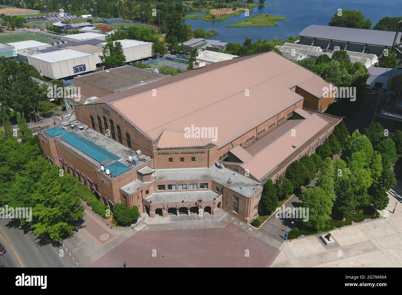 An aerial view of the Alaska Airlines Arena at Hec Edmundson Pavilion on the campus of the University of Washington, Wednesday, July 14, 2021, in Seat Stock Photo