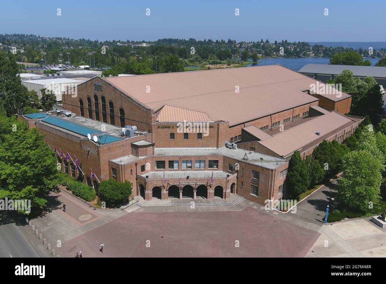An aerial view of the Alaska Airlines Arena at Hec Edmundson Pavilion on the campus of the University of Washington, Wednesday, July 14, 2021, in Seat Stock Photo