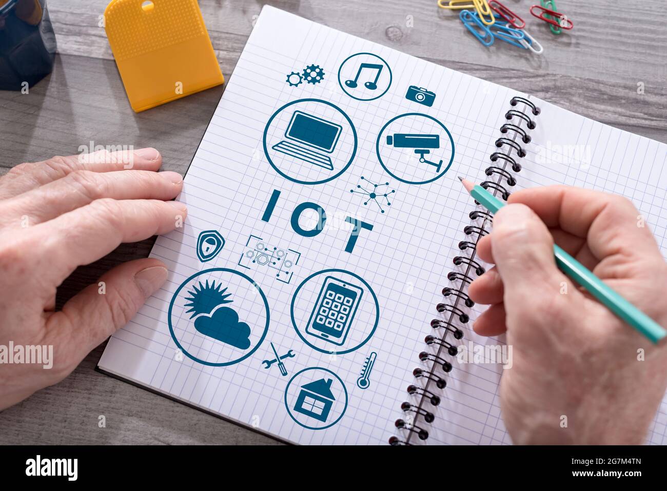 Iot concept drawn on a notepad placed on a desk Stock Photo