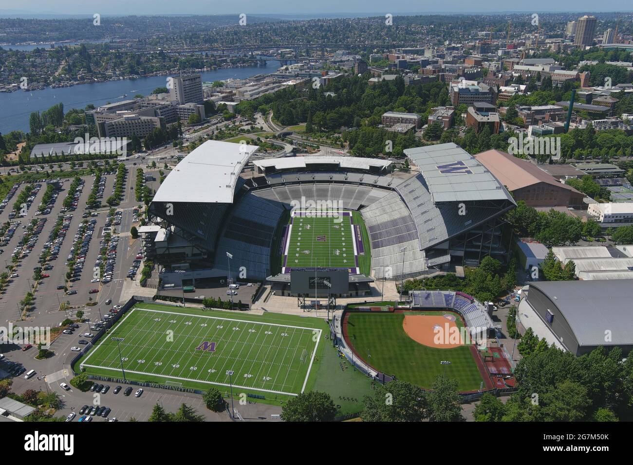 An aerial view of the Husky Stadium on the campus of the University of
