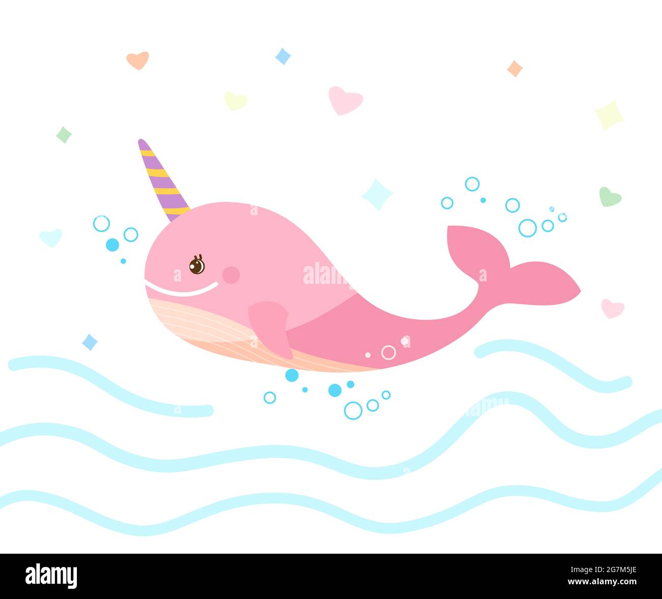 Cute happy pink narwhal. Vector children illustration of a pink whale with  a horn floating on the sea Stock Vector Image & Art - Alamy