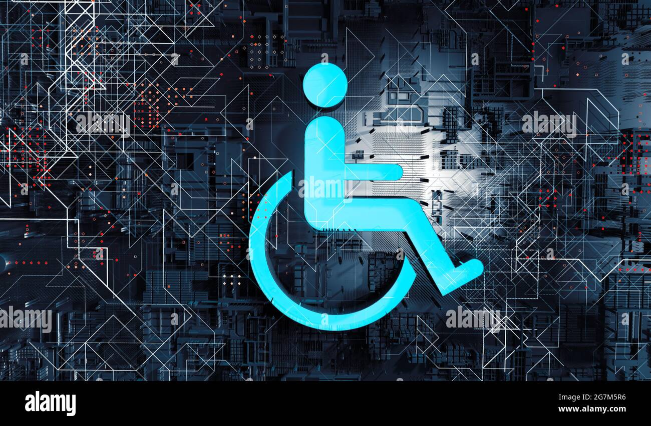 Access in online internet website and technology applied to people with disabilities and handicap.Accessibility icon with wheelchair and technology ab Stock Photo