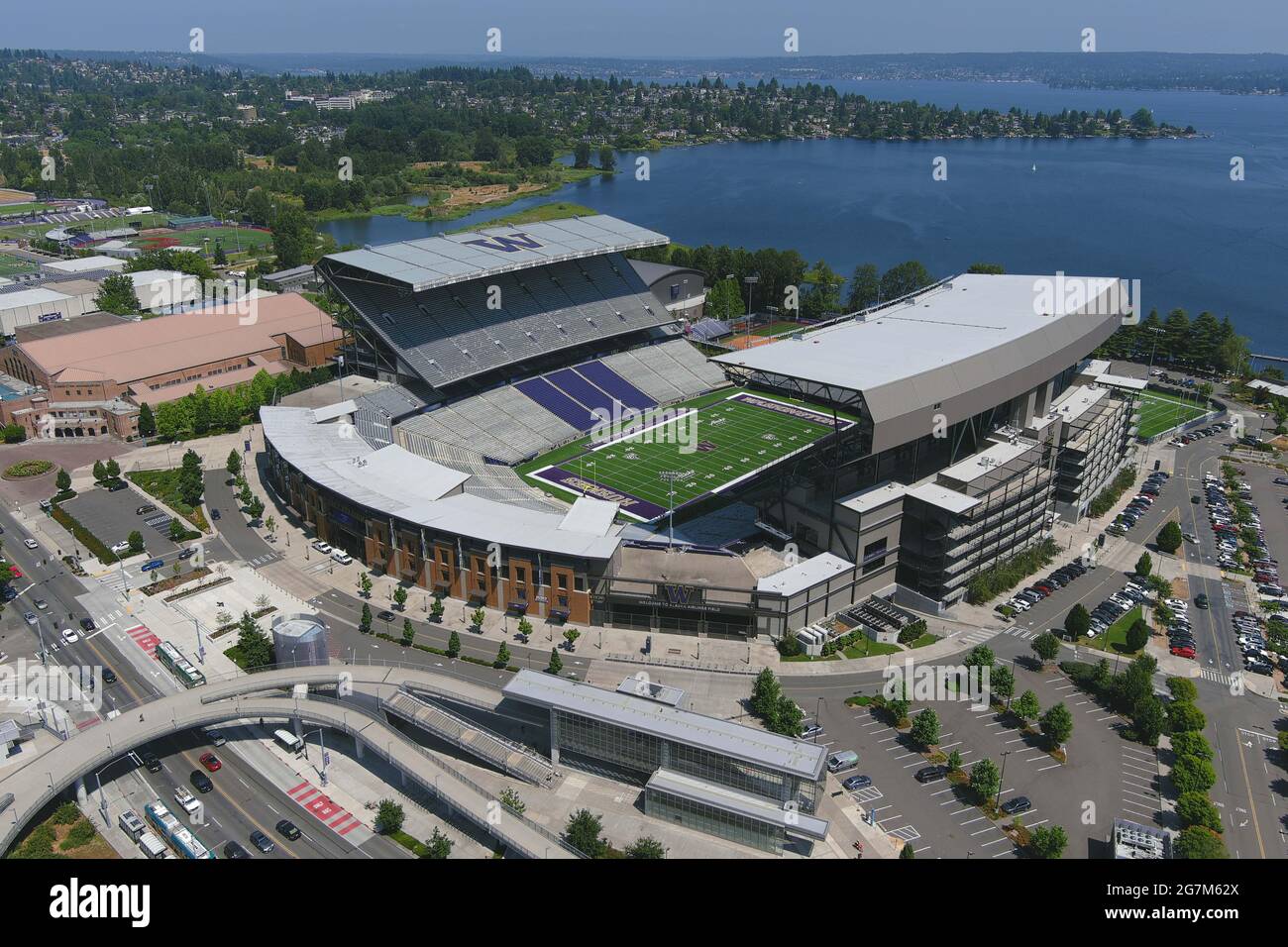 An aerial view of the Husky Stadium on the campus of the University of