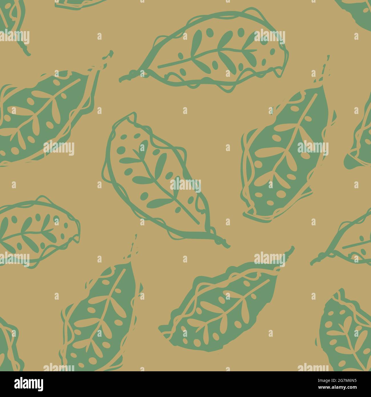 Calathea leaf vector seamless pattern background. Stylised linocut effect tropical foliage backdrop. Scattered decorative botanical mustard green teal Stock Vector