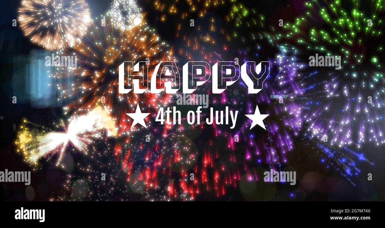 Digitally generated image of happy 4th of july text against colorful fireworks on black background Stock Photo