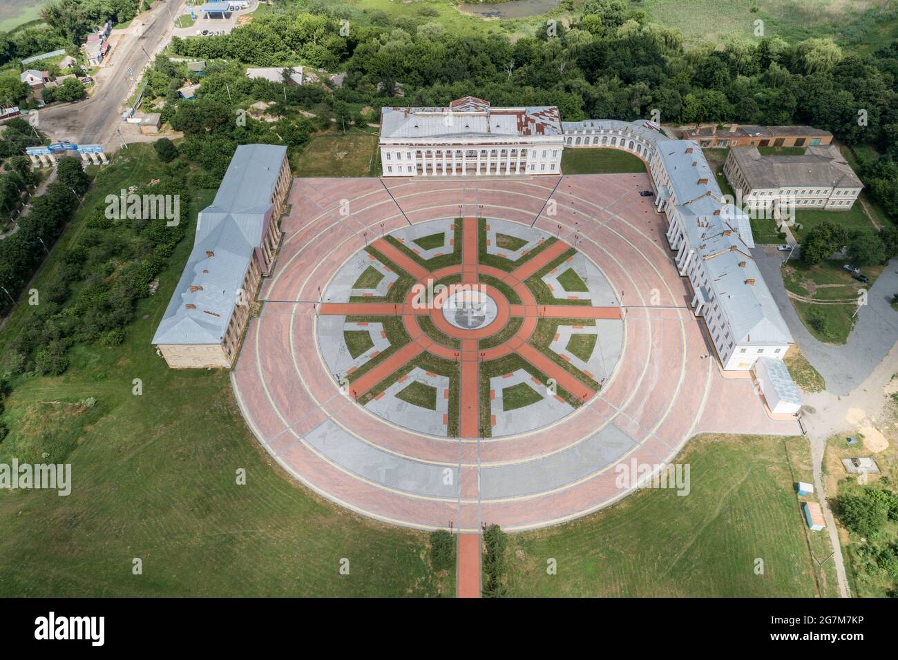 Aerial summer view of Tulchin palace ansamble  located in Tulchin town, Podillya, Vinnytsa region, Ukraine,2021. Travel and sightseeing destinations i Stock Photo